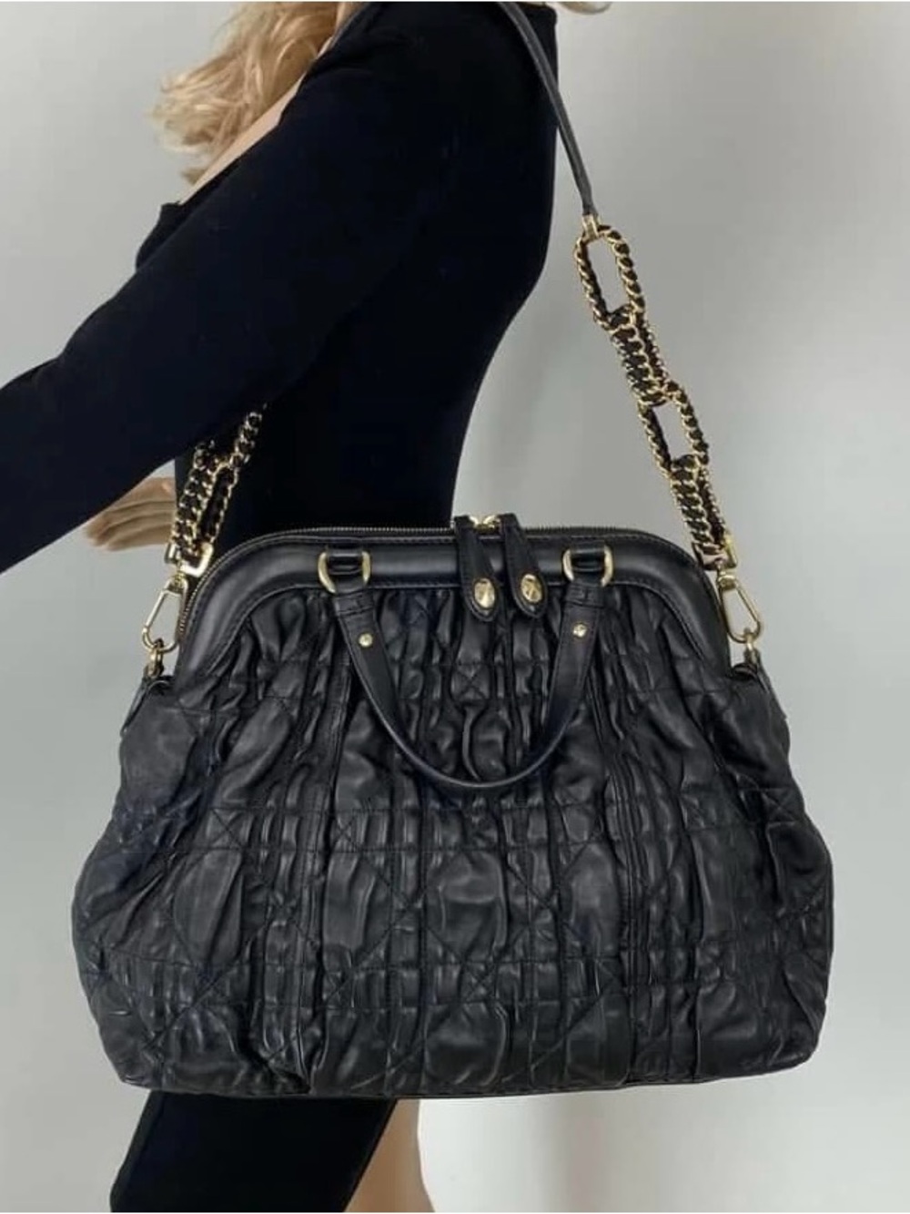 Christian Dior Cannage Delices Gaufre Black Lambskin 2 way bag
